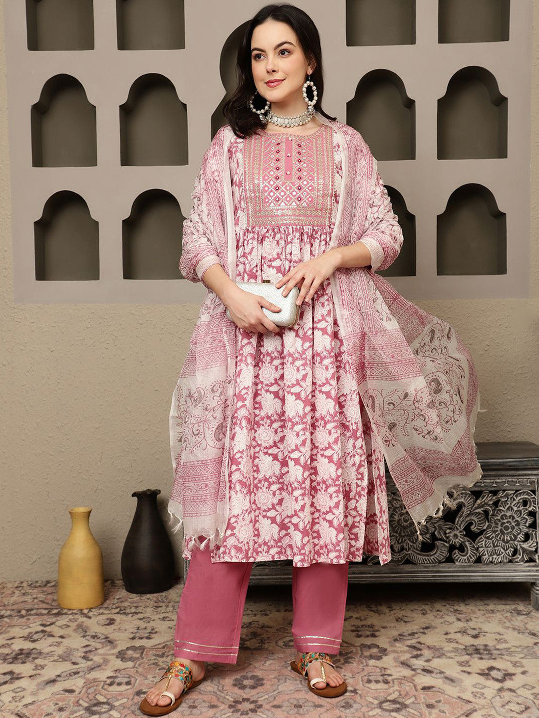 Mauve Floral Embroidered Pure Cotton Sequinned Kurta Kurta With Trousers & Dupatta