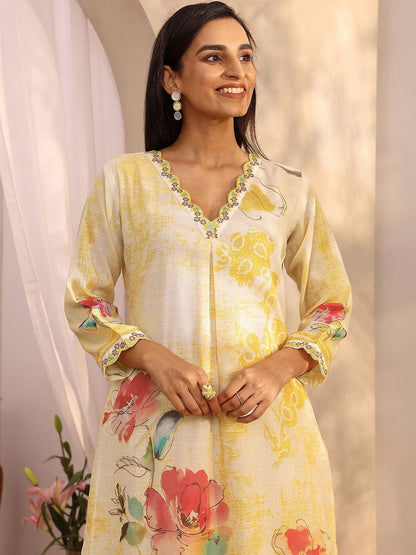 Women Floral Printed Regular Thread Work Linen Kurta with Trousers & With Dupatta
