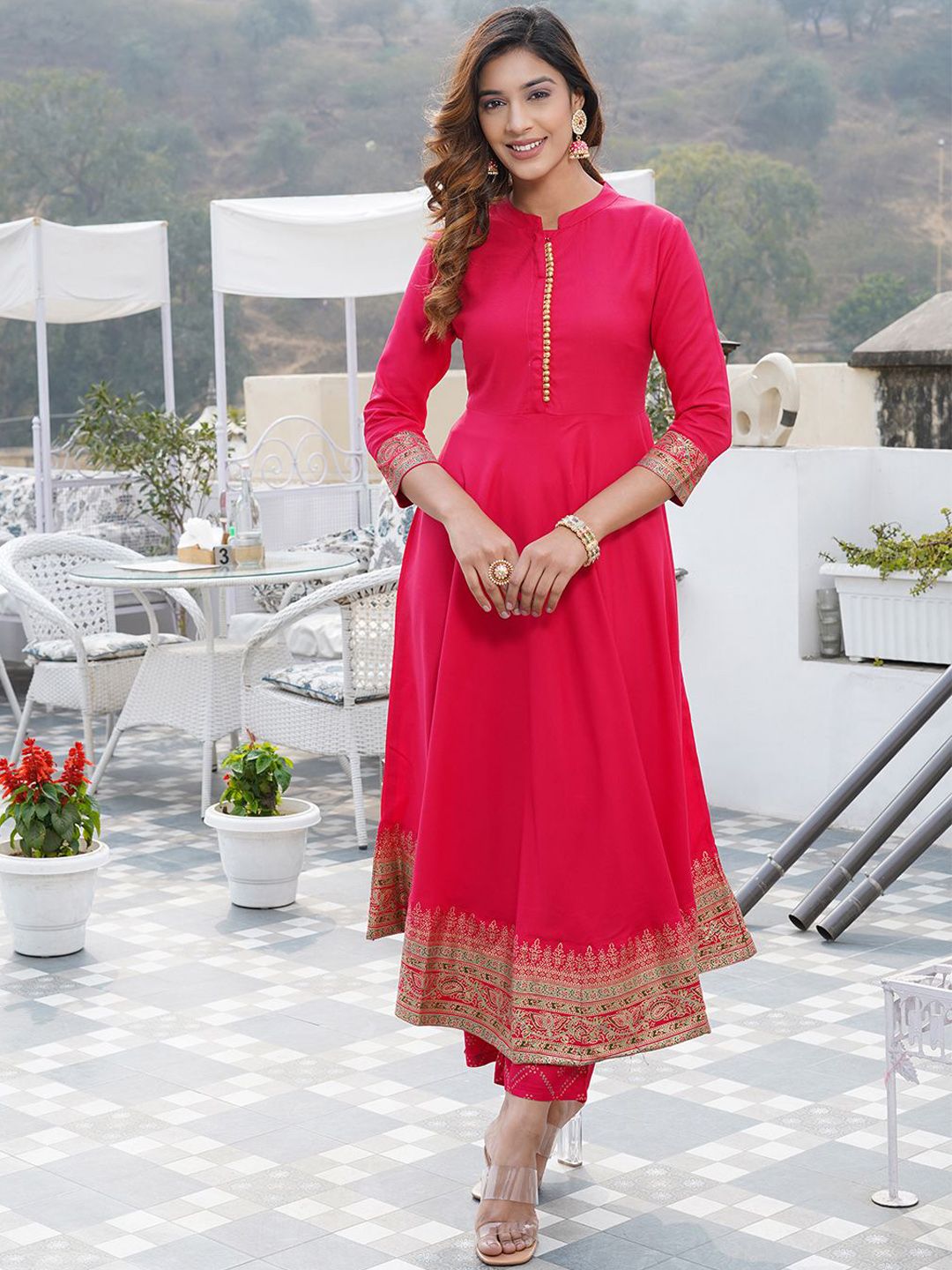 Dhiyona KL Ethnic Motifs Printed Mandarin Collar Anarkali Kurta with Trouser & Dupatta