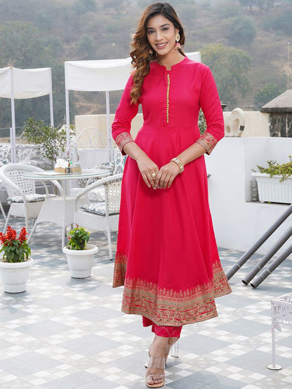 Dhiyona KL Ethnic Motifs Printed Mandarin Collar Anarkali Kurta with Trouser & Dupatta