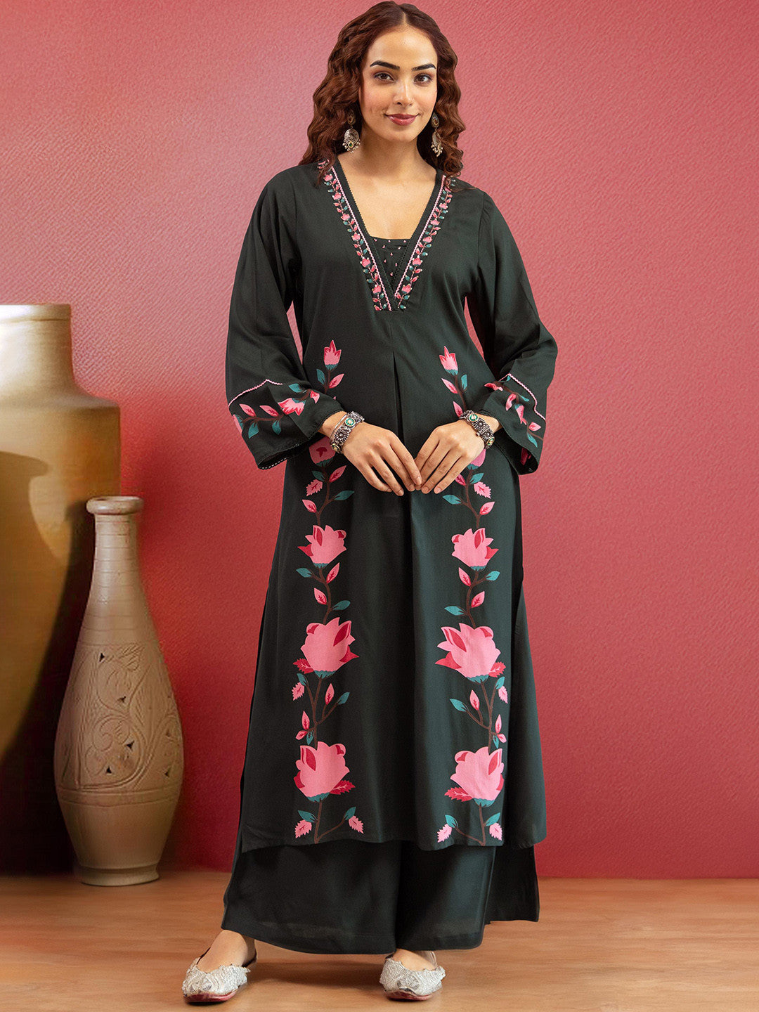 Floral Printed Square Neck Thread Work Kurta With Palazzos