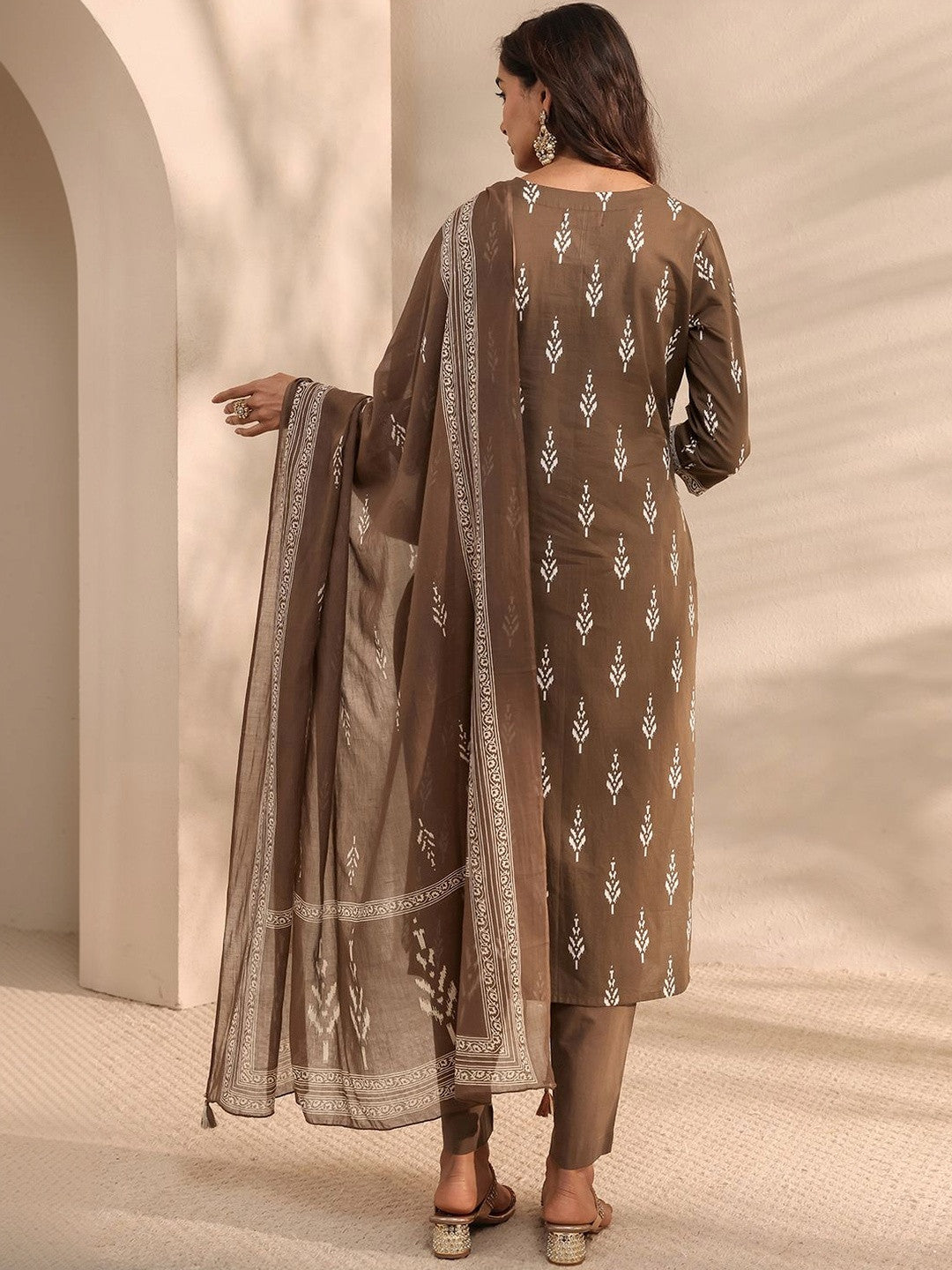 Brown Printed Cotton Suit Set with Dupatta