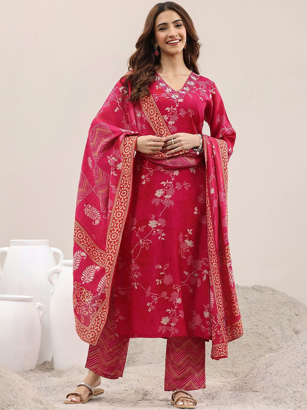 Women Floral Printed Regular Thread Work Kurta with Trousers & With Dupatta