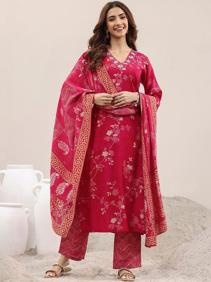 Women Floral Printed Regular Thread Work Kurta with Trousers & With Dupatta