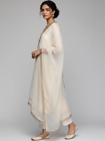 Off White Women Embroidered Regular Thread Work Kurta with Trousers & With Dupatta
