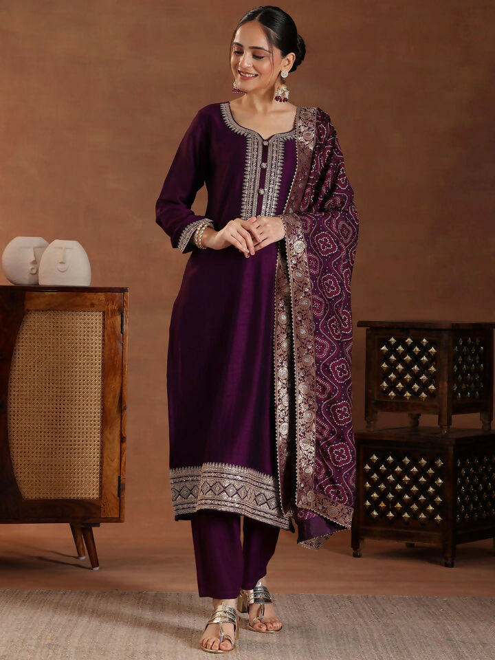 Women's LB Wine Embroidered Silk Blend Straight Suit With Dupatta