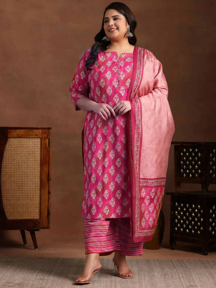 Women's LB Plus Size Pink Printed Silk Blend Straight Suit With Dupatta