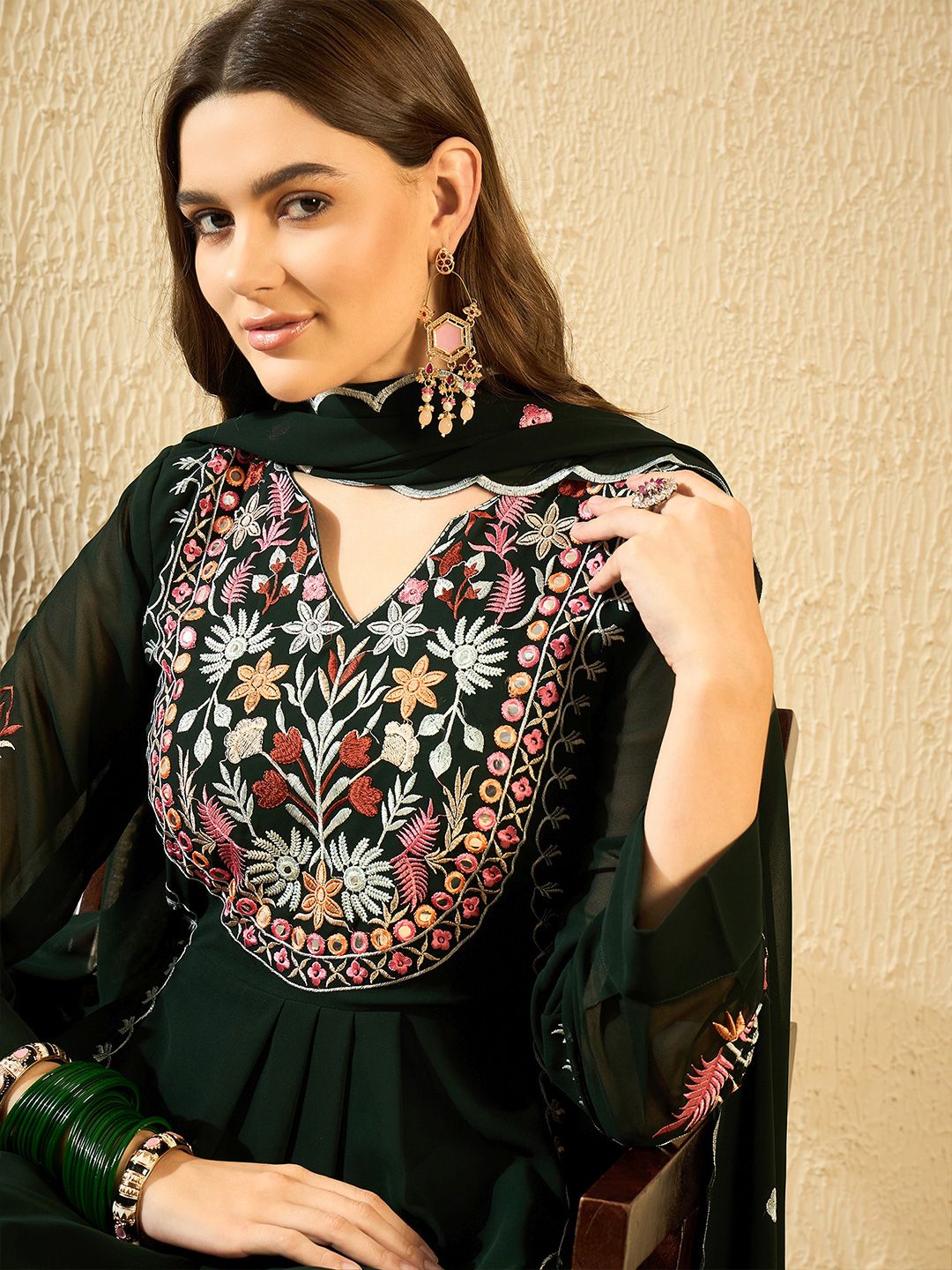 Dhiyona KL Floral Embroidered Thread Work Georgette Anarkali Kurta With Palazzo & Dupatta