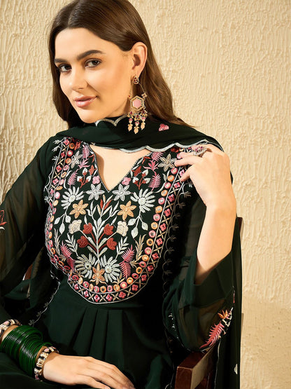 Dhiyona KL Floral Embroidered Thread Work Georgette Anarkali Kurta With Palazzo & Dupatta