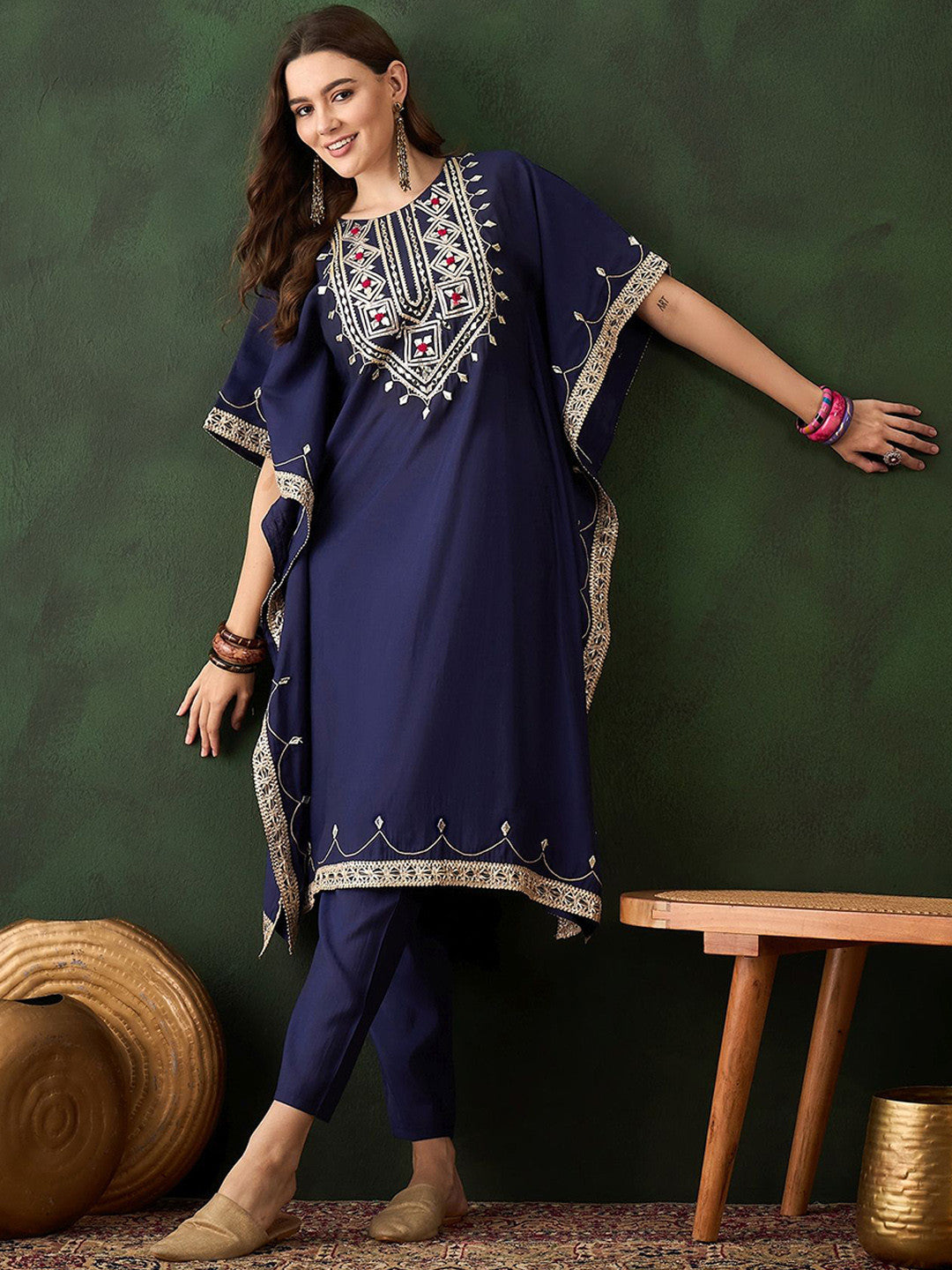Floral Embroidered Kaftan Kurta & Trousers