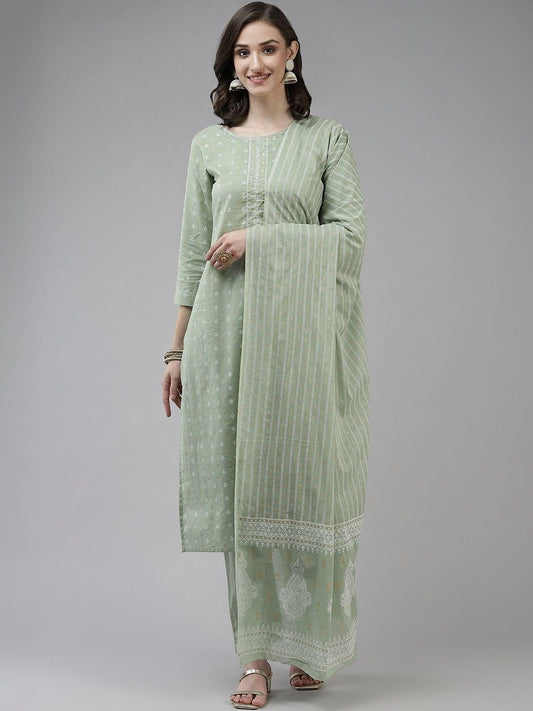 Dhiyona KL Women Ethnic Motifs Printed Regular Sequinned Pure Cotton Kurta with Trousers & With Dupatta