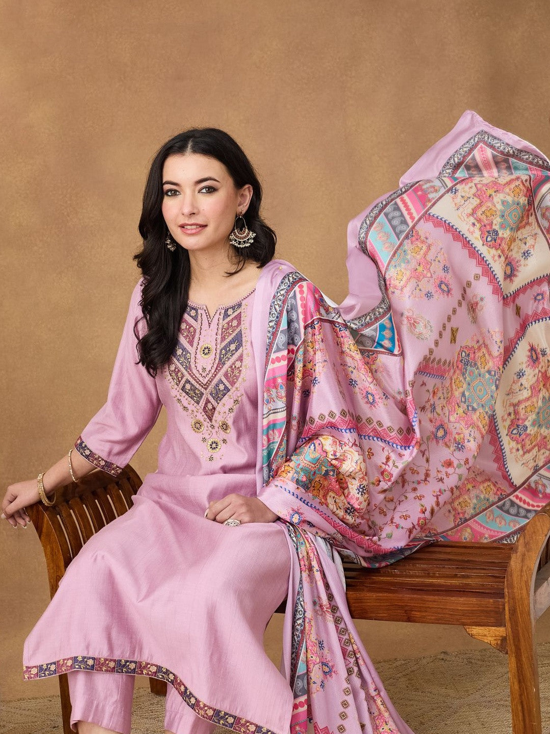 Embroidered Round Neck Kurta & Trousers With Dupatta