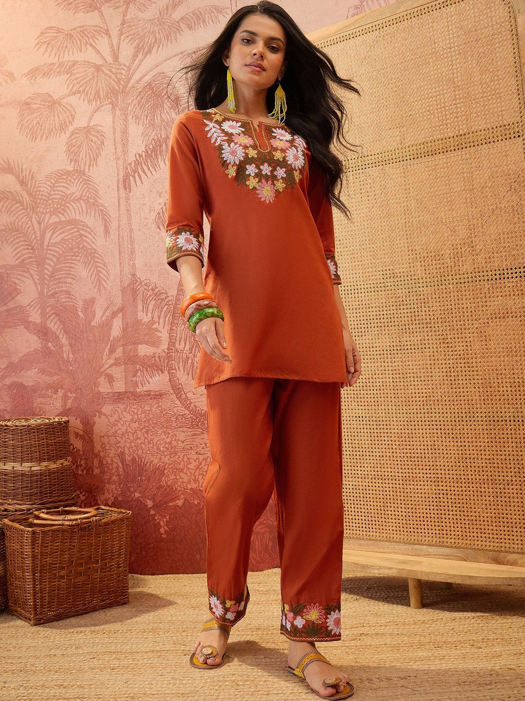 Women Floral Embroidered Regular Thread Work Pure Cotton Kurti with Trousers