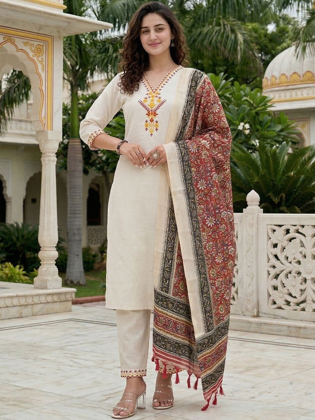 Embroidered Pure Cotton V-Neck Kurta & Trousers With Dupatta