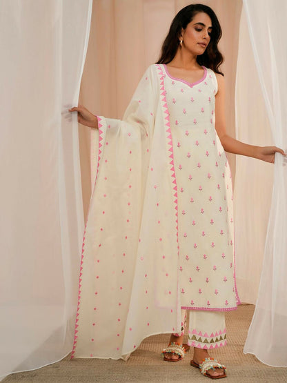 Women's LB Off White Embroidered Cotton Straight Suit With Dupatta