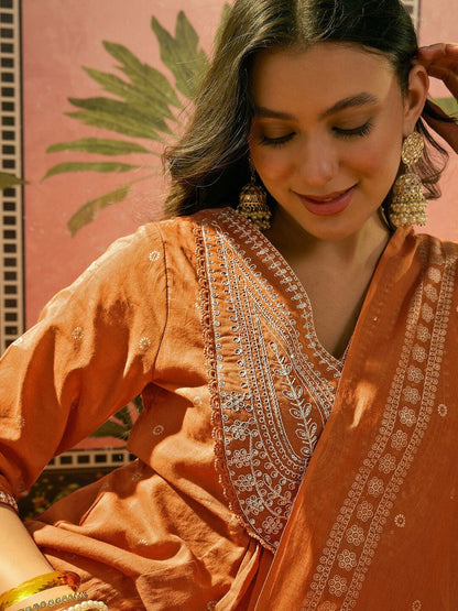 Embroidered V-Neck Kurta & Trousers with Dupatta