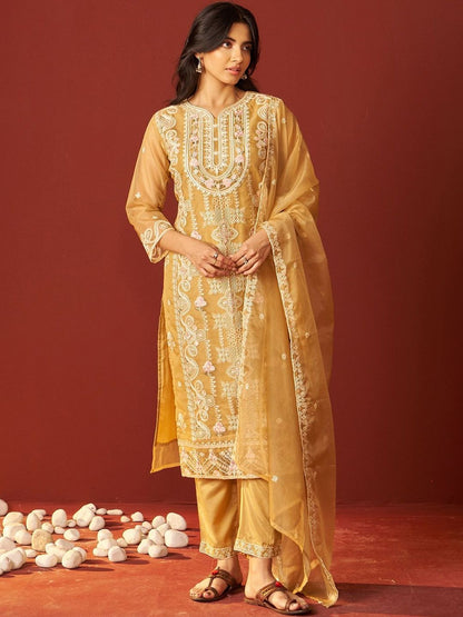 Floral Embroidered Straight V-Neck Thread Work Kurta & Trousers Dupatta