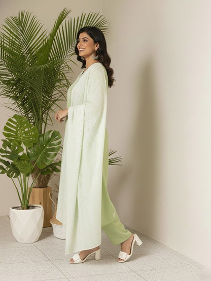 Embroidered V-Neck Kurta & Trousers With Dupatta