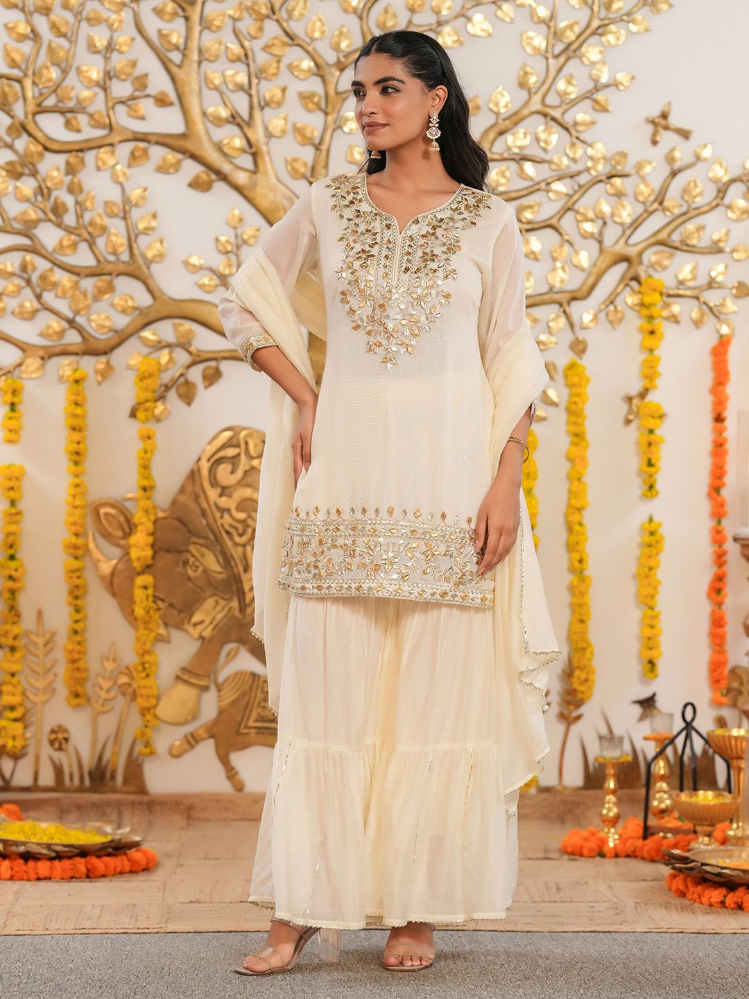 Dhiyona SC Floral Embroidered Mul Chanderi Gota Patti Kurti With Sharara & Dupatta