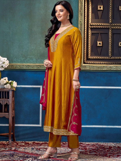 Embroidered V-Neck Kurta Trousers & Dupatta
