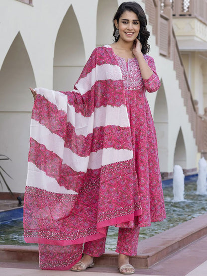 Dhiyona KL Floral Printed Chikankari Pure Cotton Anarkali Kurta With Trouser & Dupatta