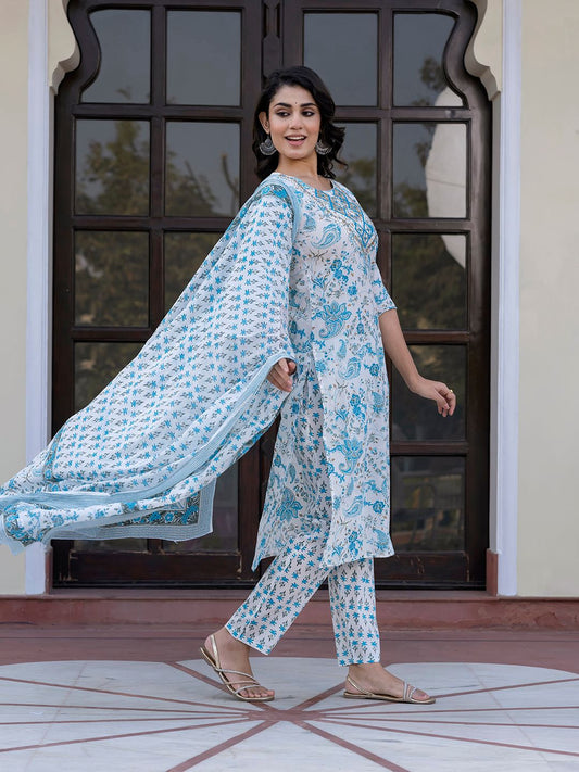 Dhiyona KL Women Paisley Regular Pure Cotton Kurta with Trousers & With Dupatta