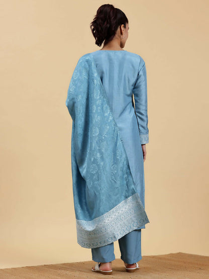 Women's LB Blue Woven Design Silk Blend Straight Suit With Dupatta