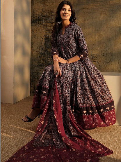 Black Ajrakh Printed Cotton Anarkali Suit Set