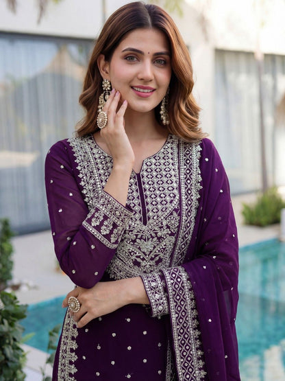 Dhiyona SN Embroidered Round Neck Straight Kurta & Sharara With Dupatta