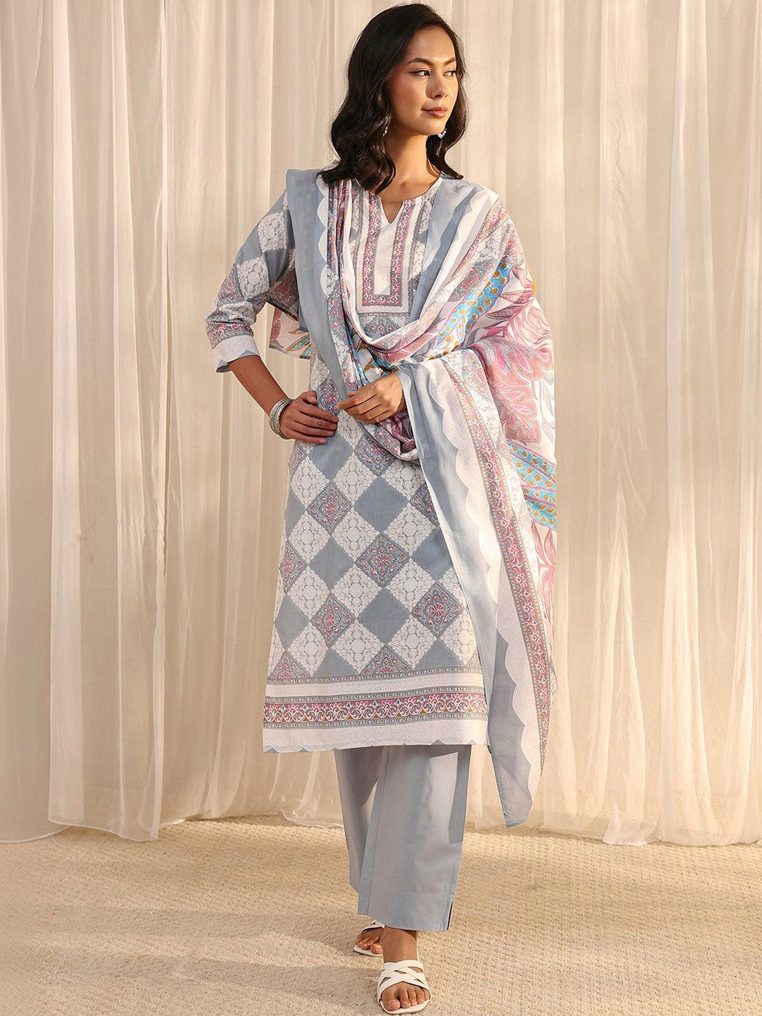 Libas Grey Geometric Printed Straight Suit Set with Dupatta