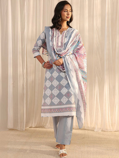 Libas Grey Geometric Printed Straight Suit Set with Dupatta
