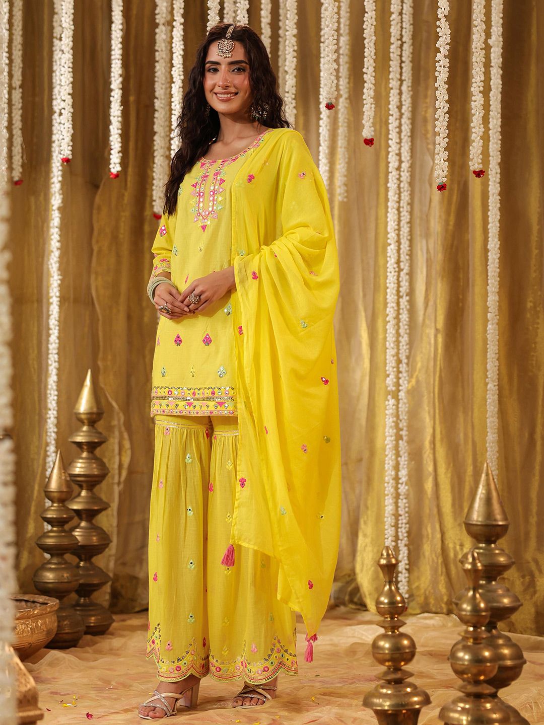 Dhiyona SC Geometric Embroidered Mirror Work Pure Cotton Kurti With Sharara & Dupatta