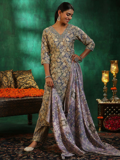 Women's LB Mauve Printed Silk Blend Straight Suit With Dupatta