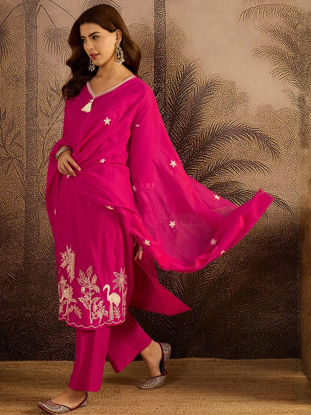 Thread Work Embroidered Kurta with Trousers & Dupatta