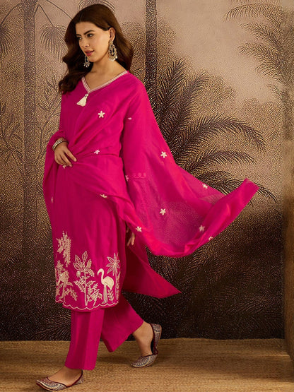 Thread Work Embroidered Kurta with Trousers & Dupatta