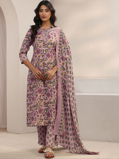 Women Floral Printed Regular Thread Work Kurta with Trousers & With Dupatta