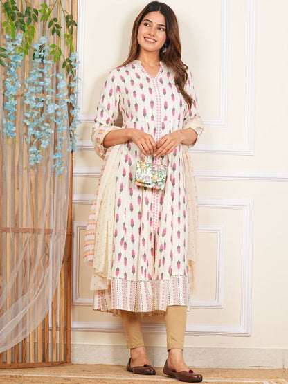 Dhiyona KL Floral Printed Mandarin Collar Anarkali Kurta With Leggings And Dupatta