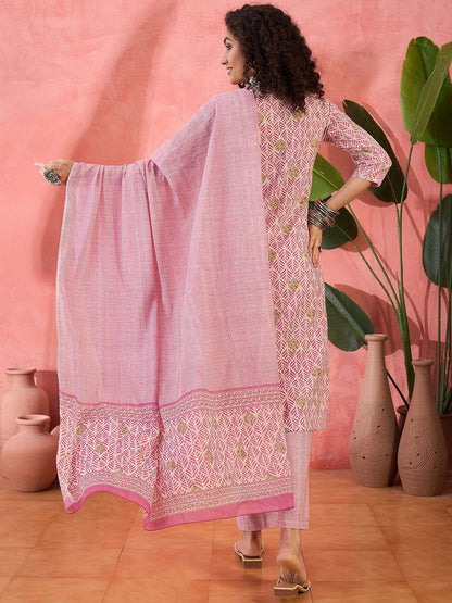 Floral Printed Round Neck Pure Cotton Straight Kurta With Trousers & Dupatta