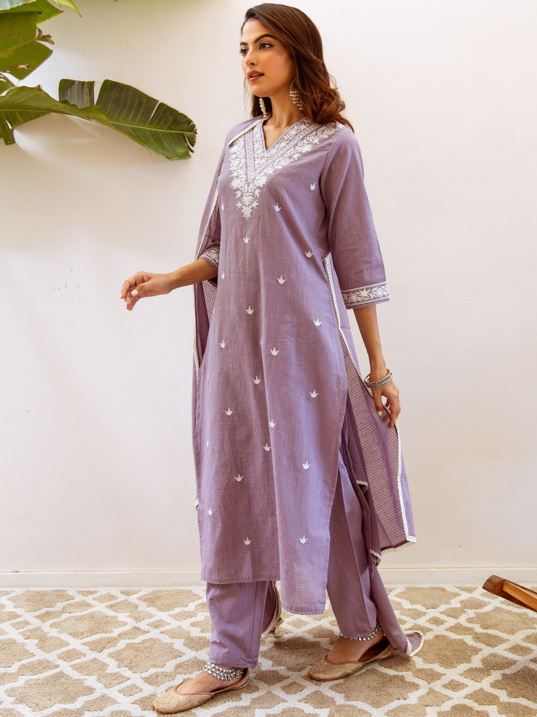 Embroidered Straight Kurta With Trousers & Dupatta