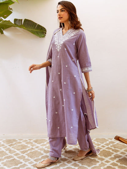 Embroidered Straight Kurta With Trousers & Dupatta