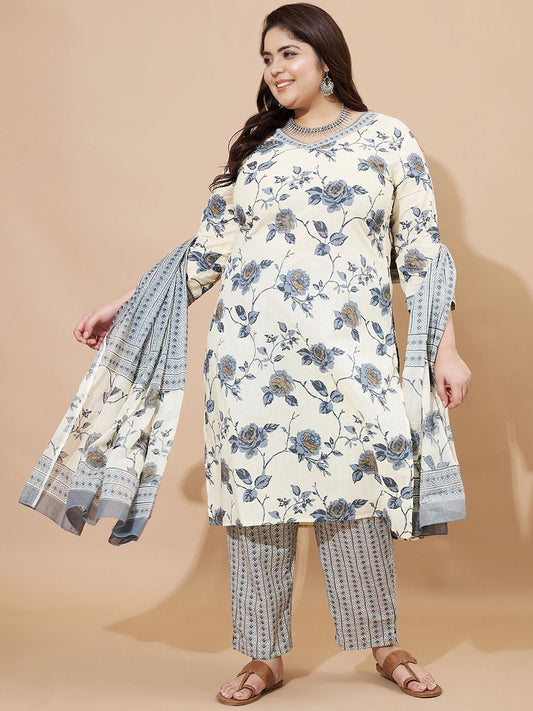 Dhiyona KL Plus Size Floral Printed V-Neck Pure Cotton Straight Kurta With Trousers & Dupatta