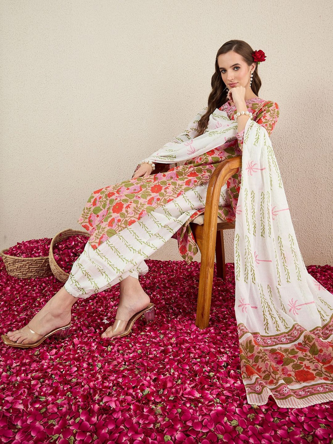 Women Floral Printed Regular Pure Cotton Kurta with Salwar & With Dupatta