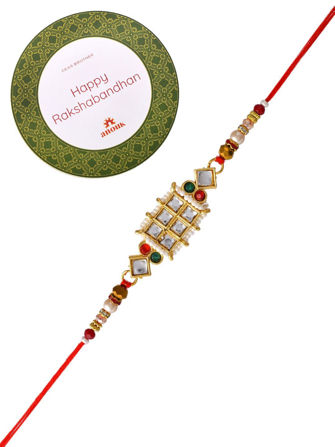 Dhiyona Red Mirror & Pearl-Beaded Rakhi With Roli Chawal & Greeting Card