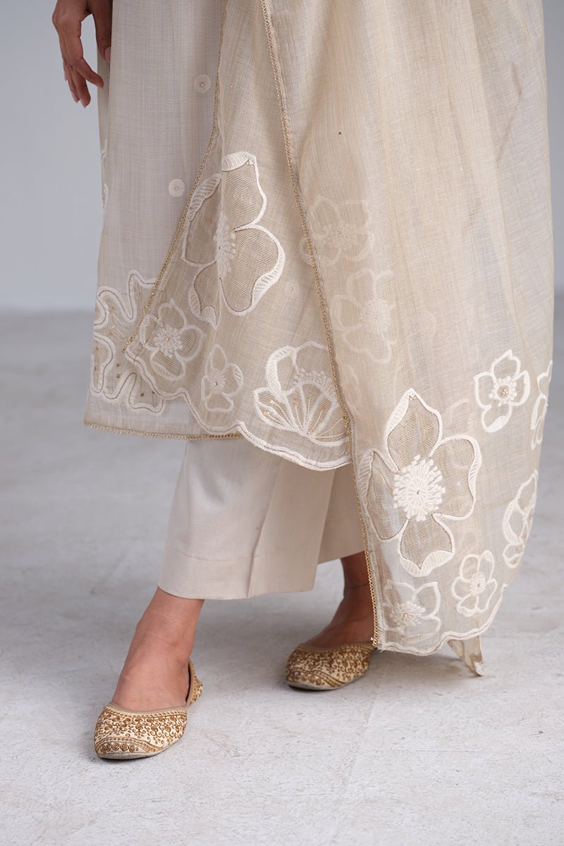 Fog Beige Woven Kurta And Contrast Dupatta With Hand Work Detailing