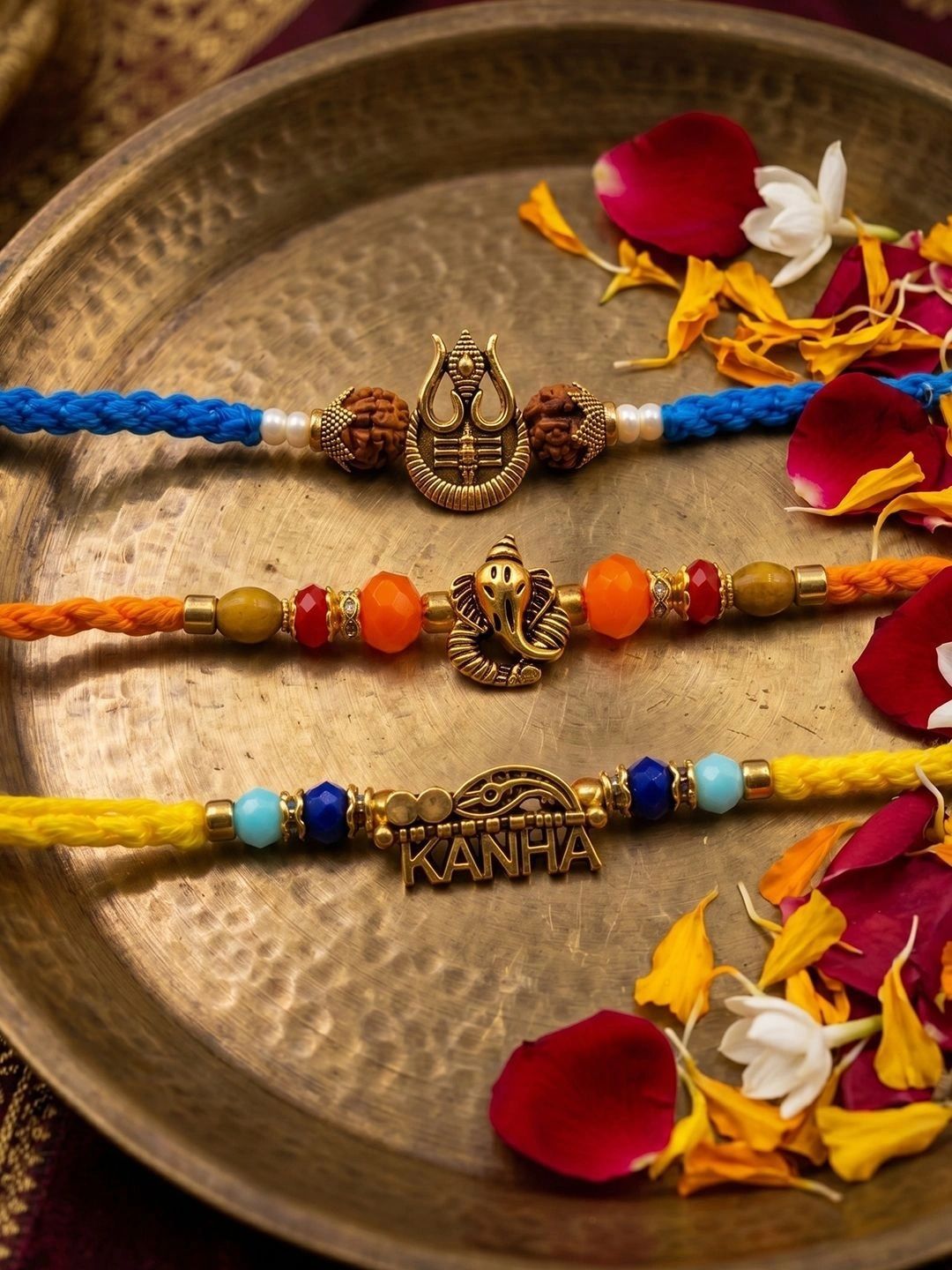 Dhiyona Set Of 3 Rudraksh Religious Rakhi Thread Rakhi Roli Chawal Chandan Mishri