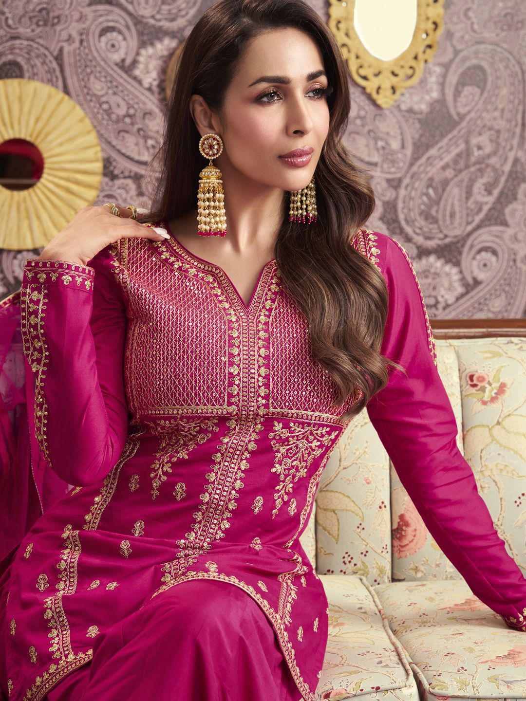 Dhiyona IN Ethnic Motifs Embroidered Notch Neck Sequinned A-Line Kurta With Sharara & Dupatta