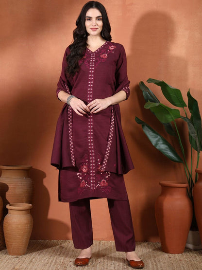 Ethnic Motifs Embroidered Sequinned Straight Kurta with Trouser & Dupatta