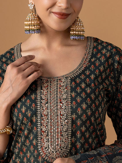 Dhiyona WP Women Ethnic Motifs Printed Cotton Kurta with Trousers & Dupatta