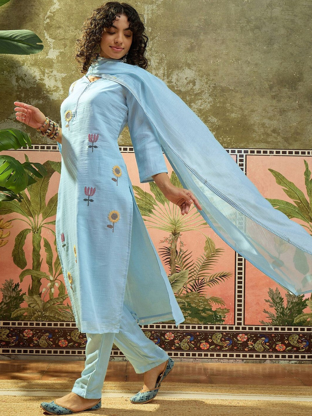 Embroidered V Neck Kurta Sets