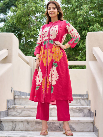 Dhiyona IE Floral Printed Pure Cotton Mandarin Collared Tunic With Trousers